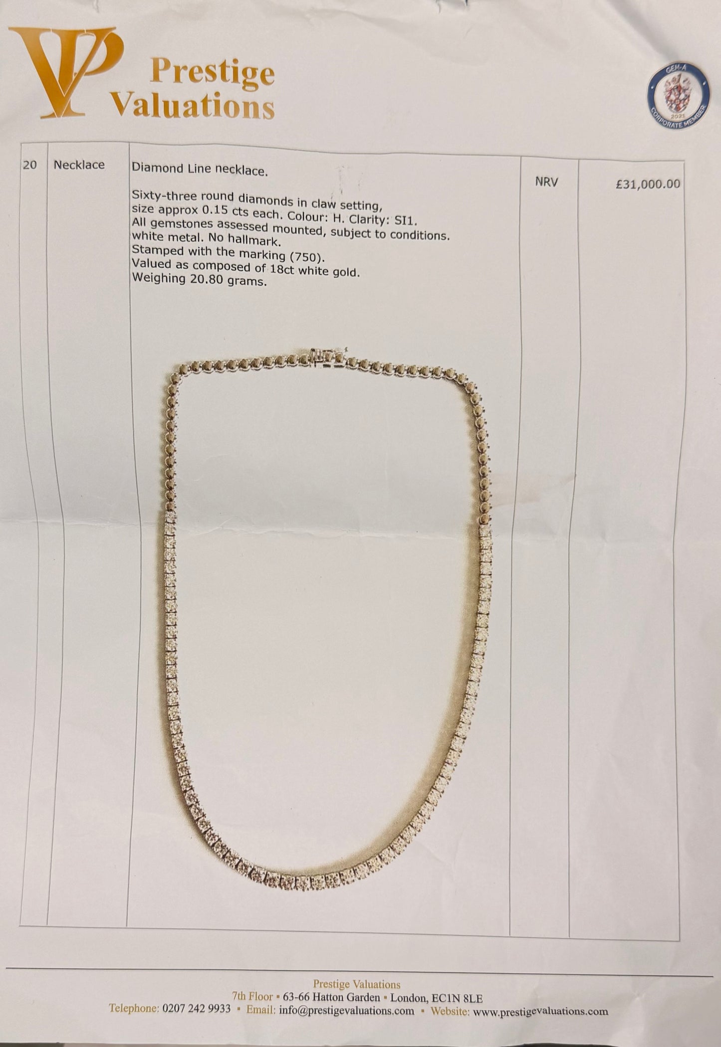 18k White Gold Diamond Necklace of Appx 9.5 cts