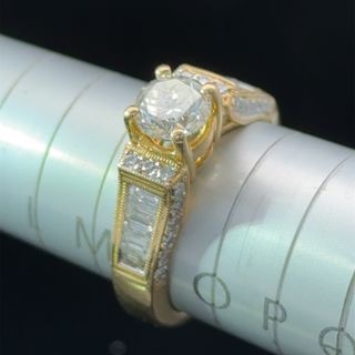 18K Yellow Gold Diamond Solitaire & Baguette Shoulders Engagement Ring