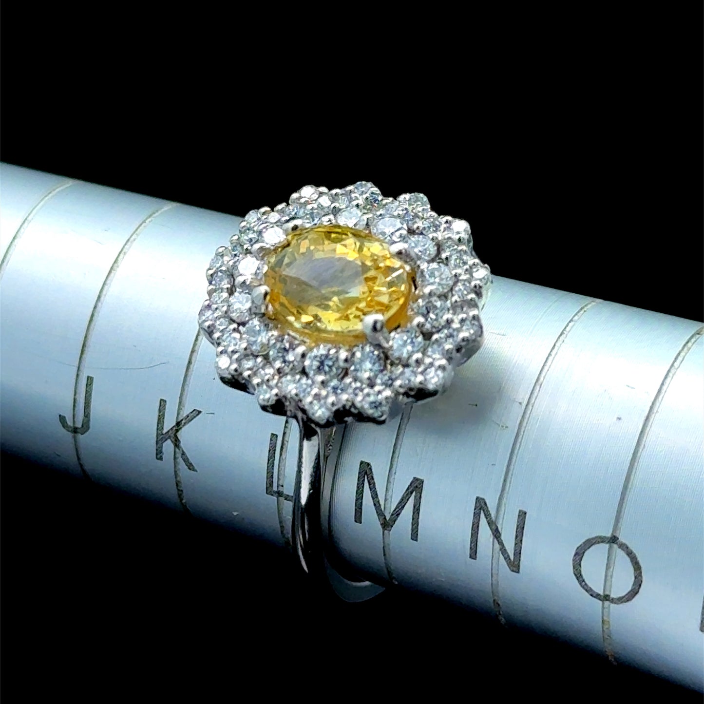 Platinum Yellow Sapphire & Diamond Cluster ring Size L1/2