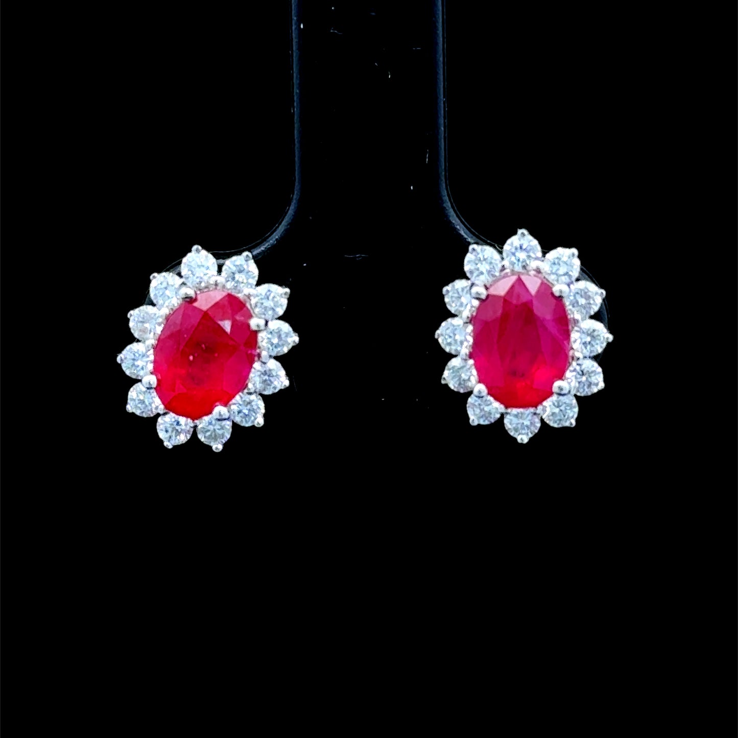 White Gold Ruby& Diamond Cluster Earrings