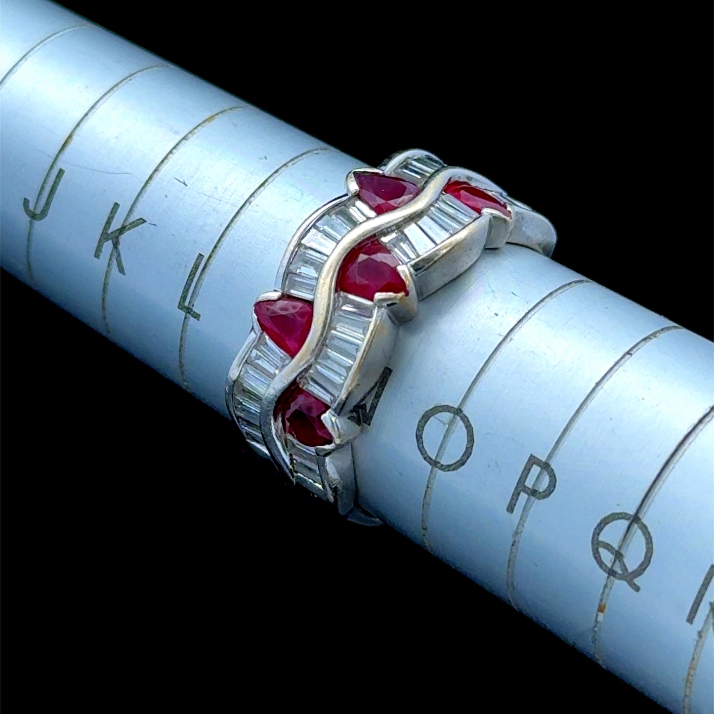18k White Gold Ruby & Diamond Wave Ring Size N
