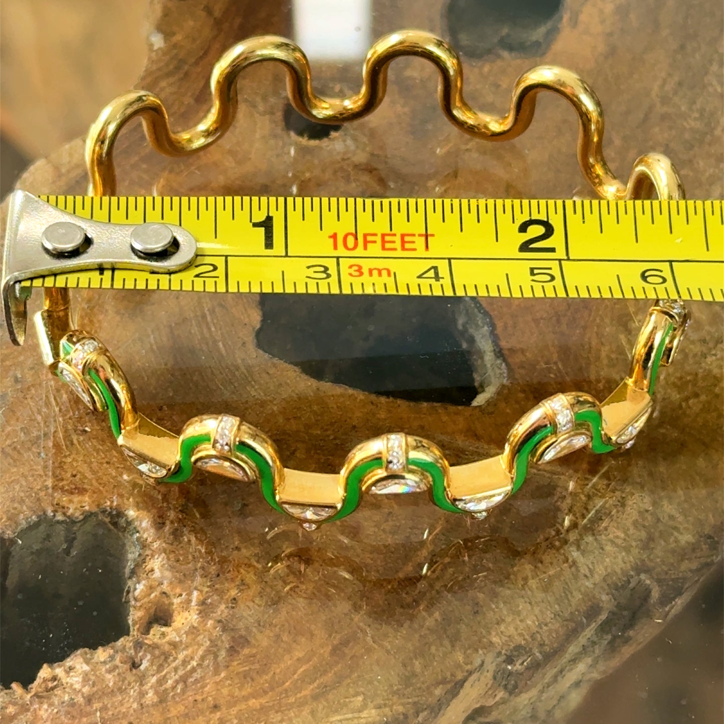 18K Yellow Gold Diamond & Green Enamel Katrina Perez Edessa Bangle APPX 2 CTS