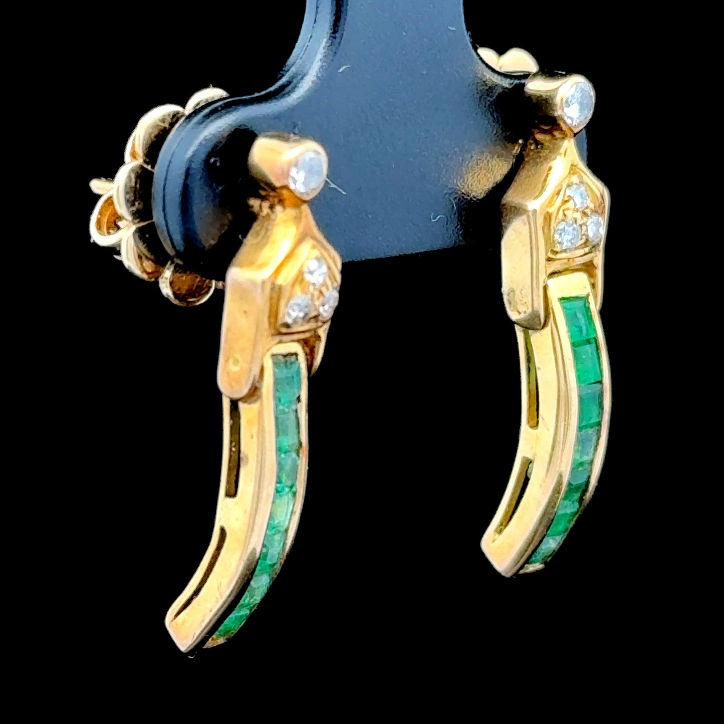 18K Yellow Gold Emerald and Diamond Stud Drop Earrings