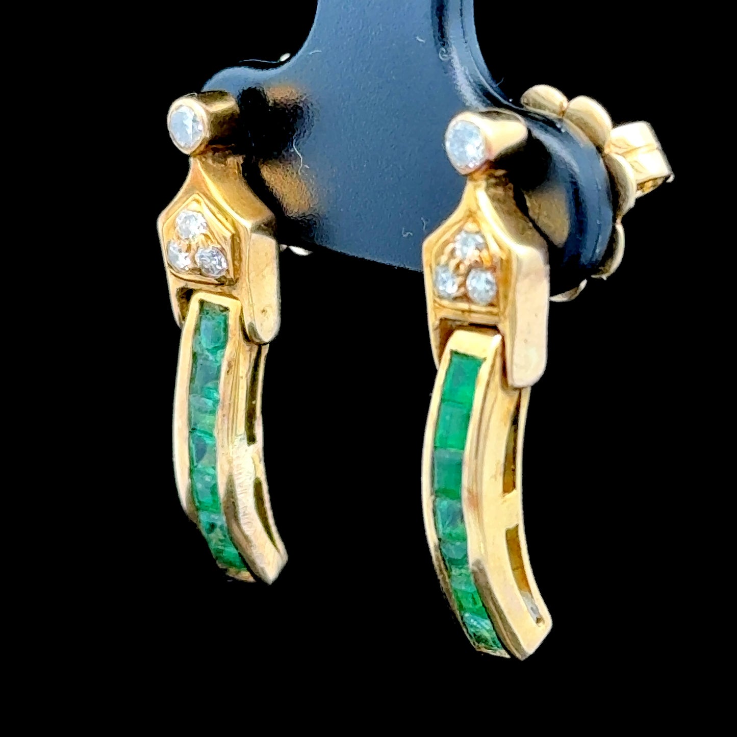 18K Yellow Gold Emerald and Diamond Stud Drop Earrings