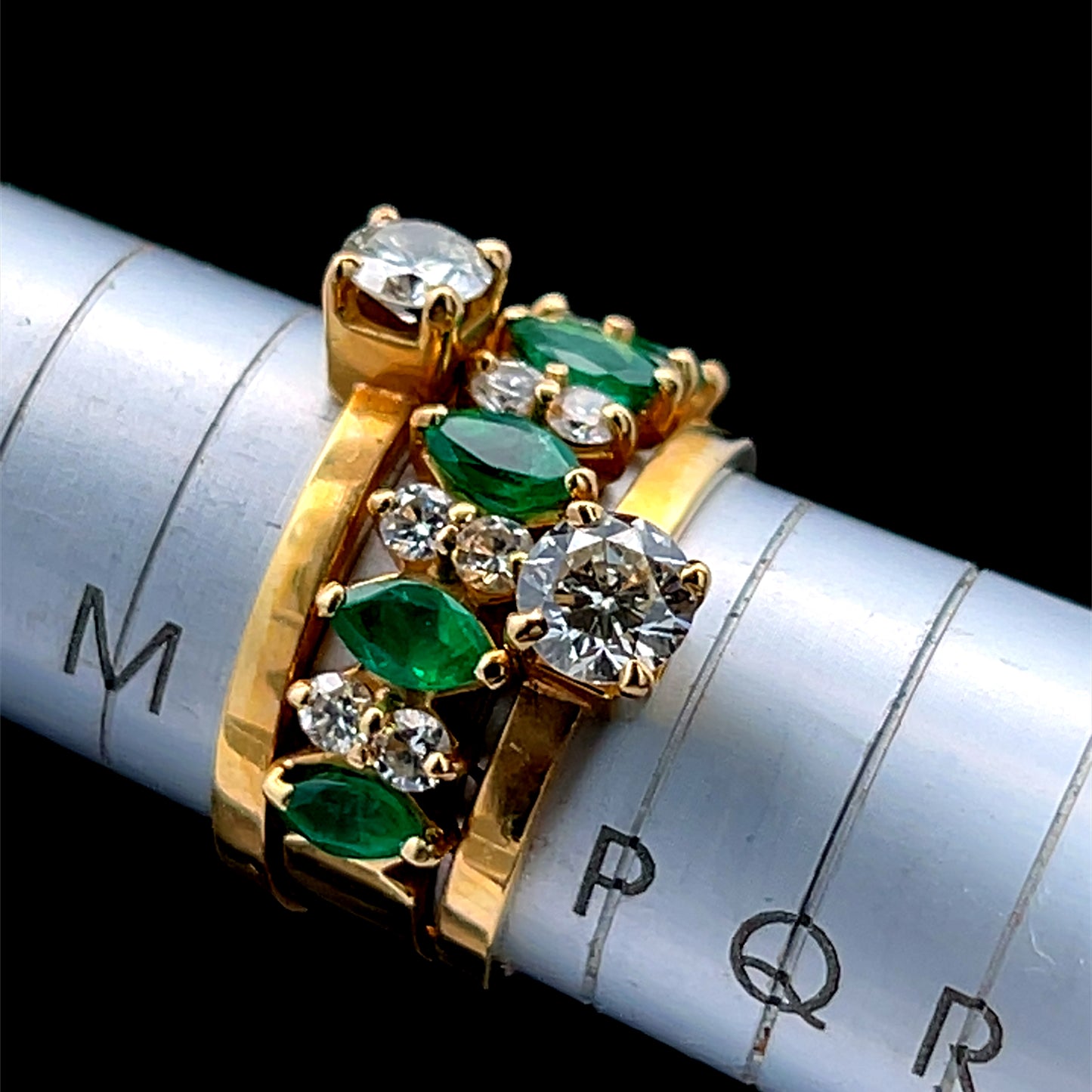 18K Yellow Gold Diamond & Emerald 3 Row Ring APPX 1.5 CTS