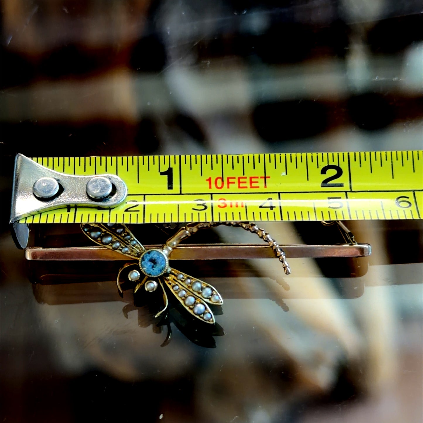 9K Yellow Gold Aquamarine & Pearl Dragonfly Brooch
