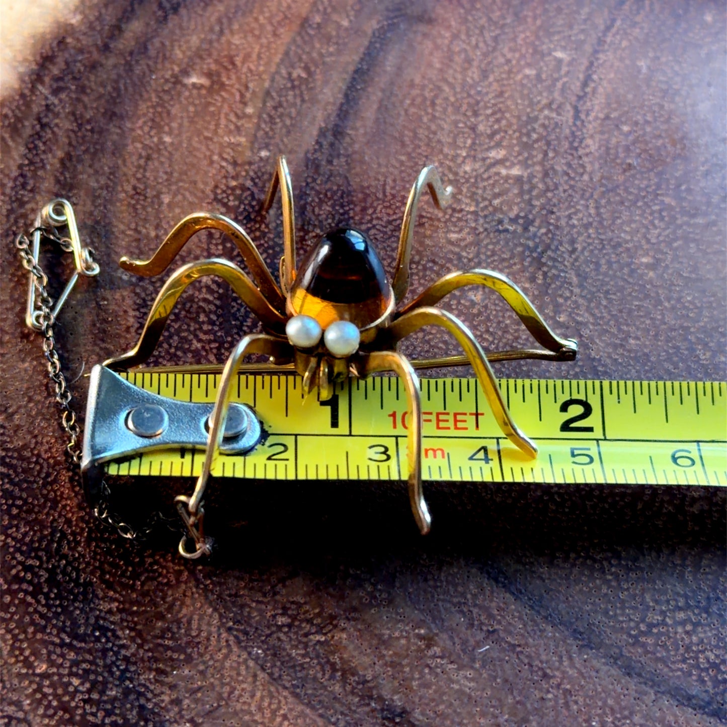 15K Yellow Gold Smokey Quartz & Pearl Large Spider Brooch
