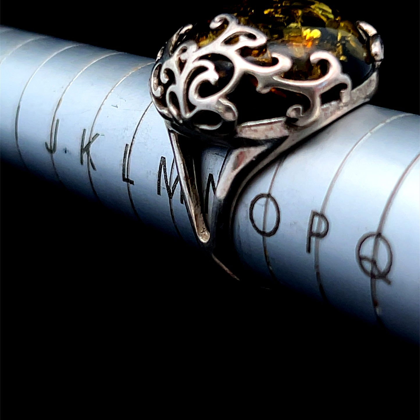 Silver Green Baltic Amber Ornate Ring