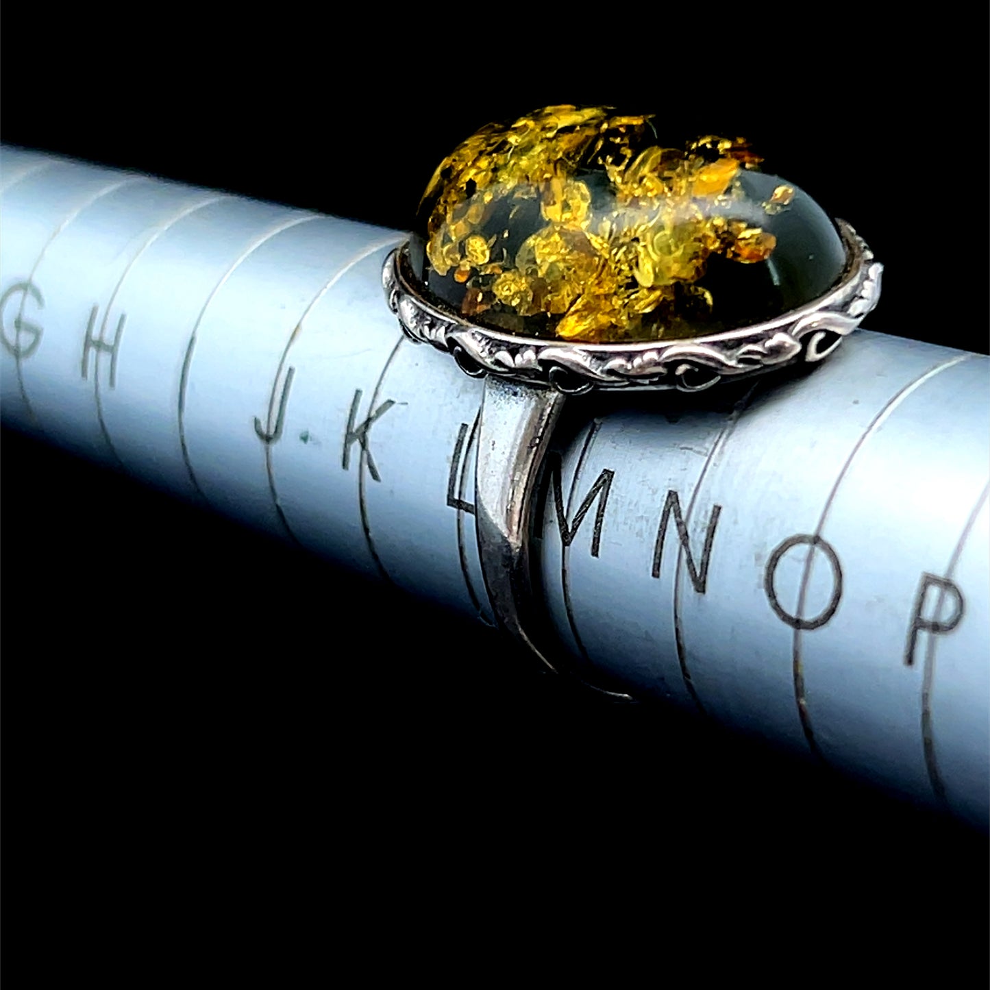 Silver Green Baltic Amber Ring