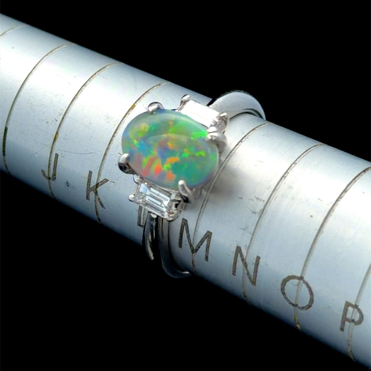 Platinum Australian Opal & Baguette Diamond Ring APPX 0.25 CTS