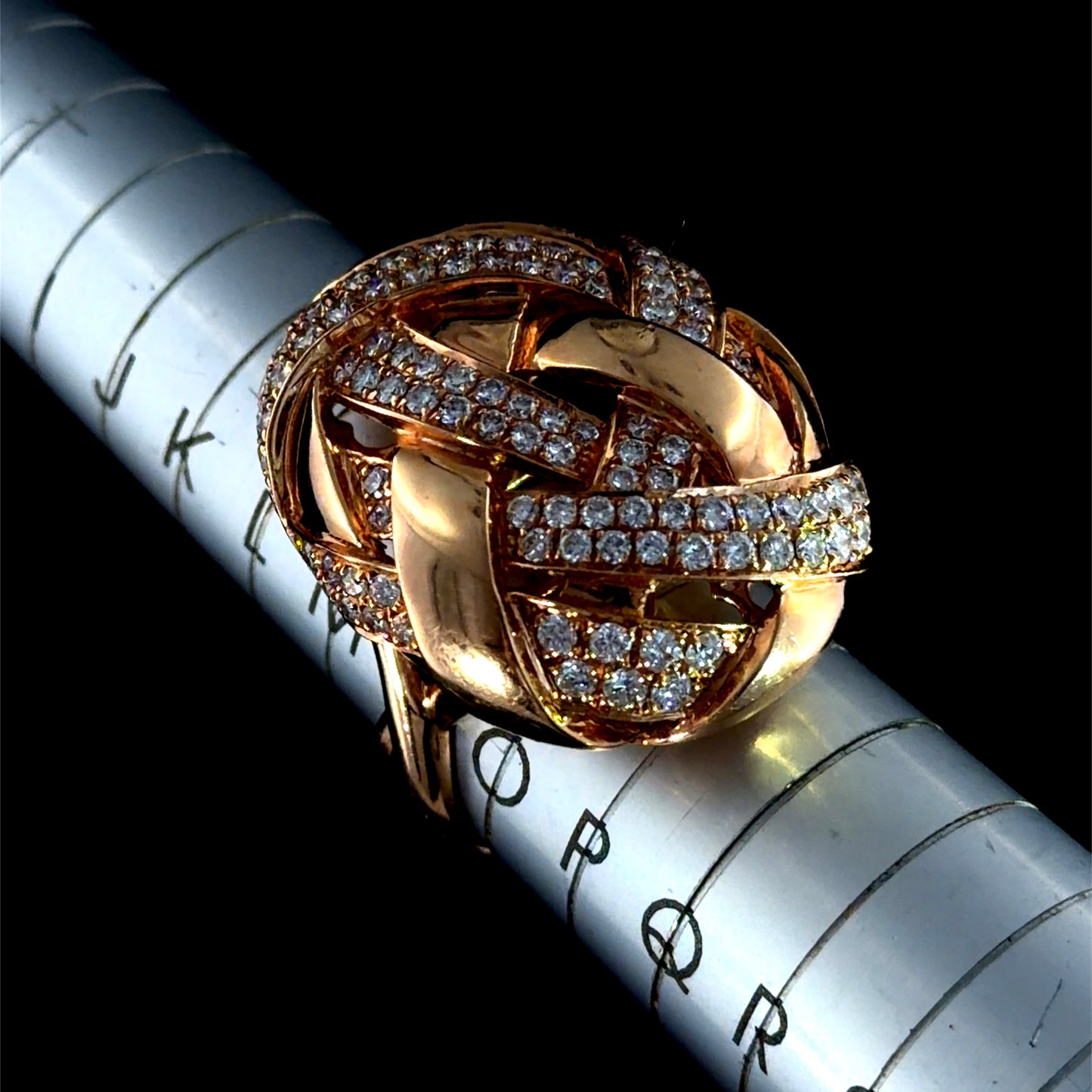 Stunning 18k Rose Gold Pave Diamond Woven Knot Ring By LTJ Hong Kong 125 Diamonds Appx 2.5 Cts