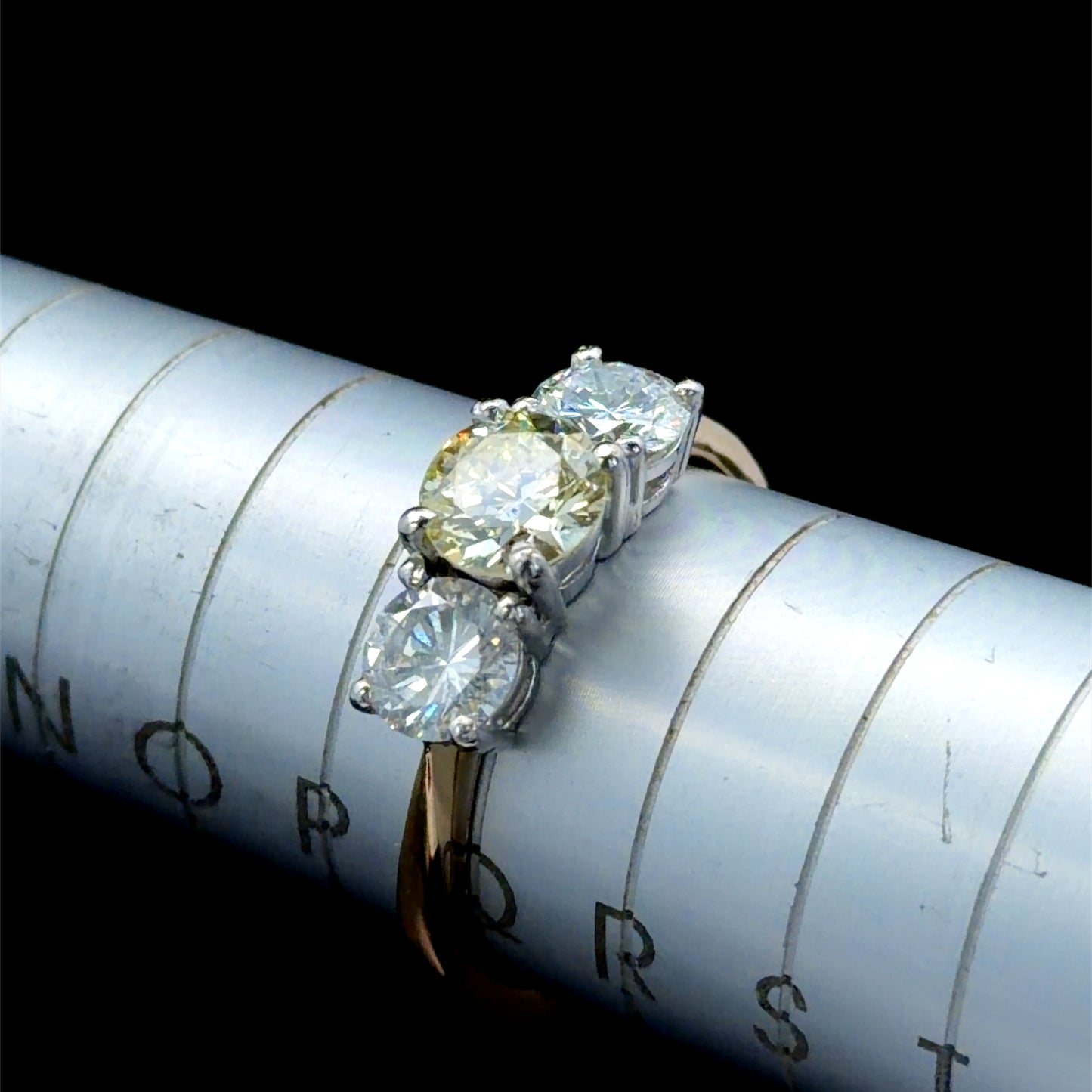 18k Yellow Gold 3 Stone Diamond Ring Yellow Centre Stone Appx. 1.9Cts Total