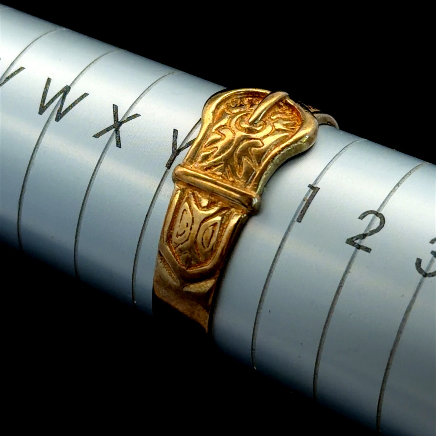 9k Engraved Yellow Gold Buckle Band Ring