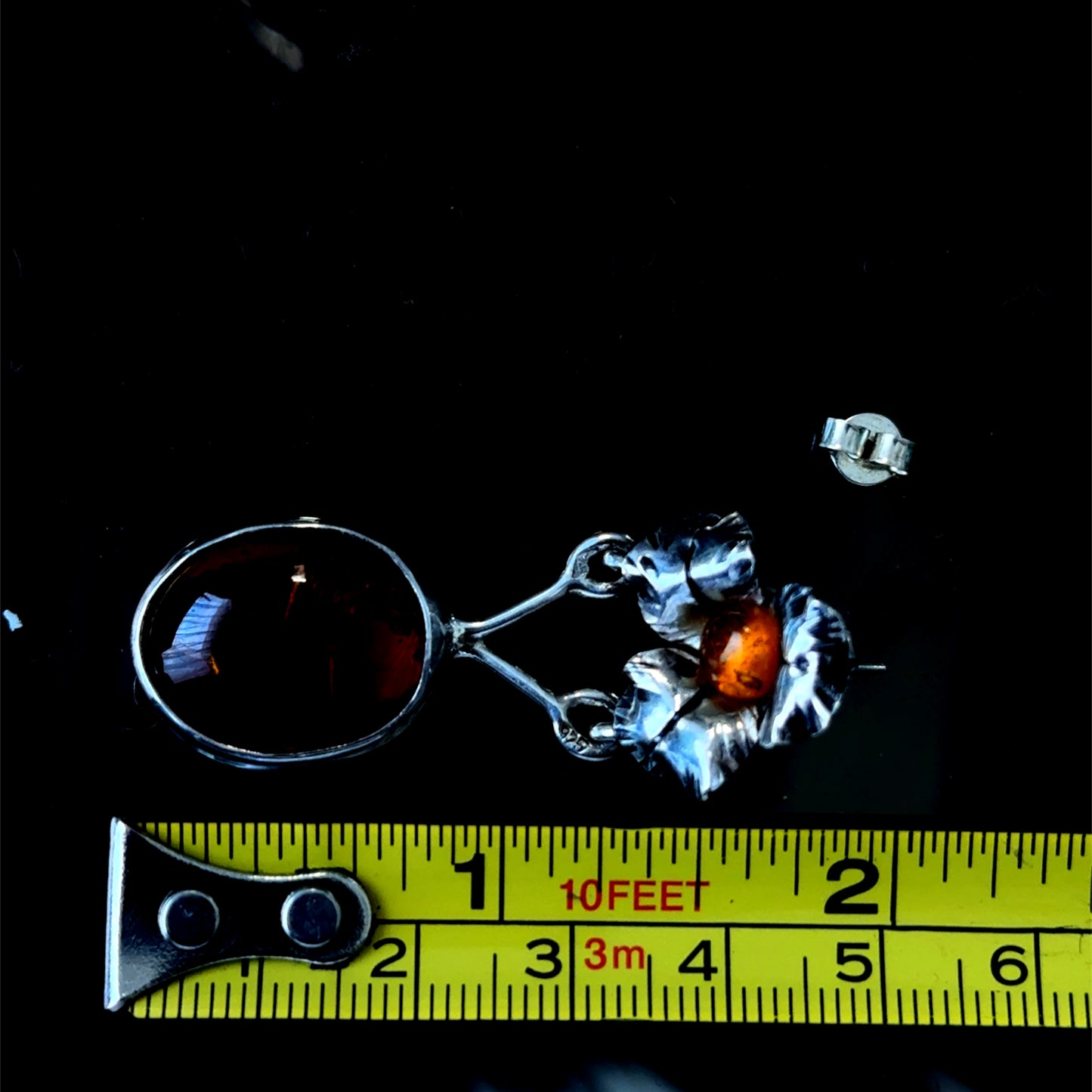 Silver Baltic Amber Flower Drop Earrings