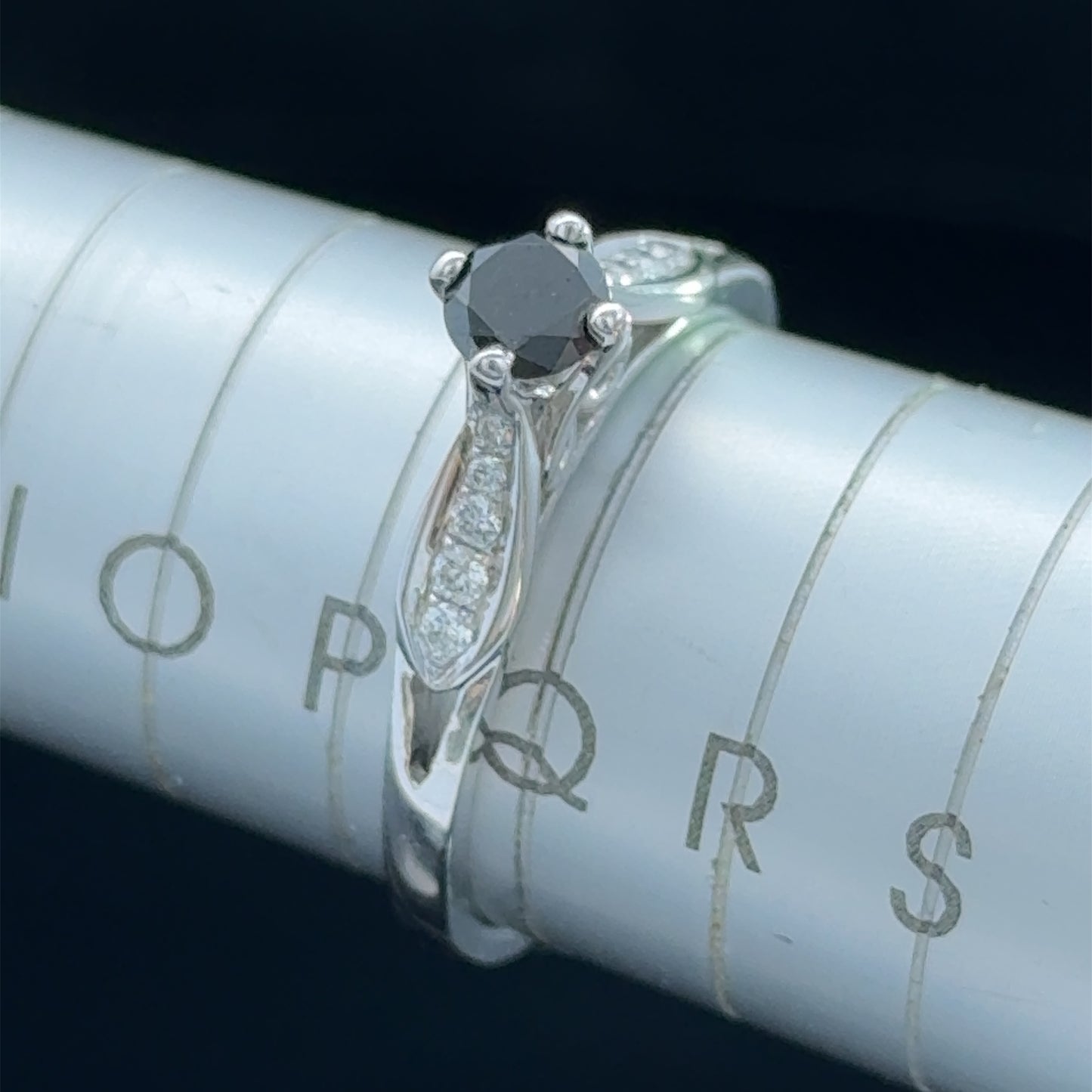 18K White Gold Black Diamond Solitaire Ring With Diamond Shoulders