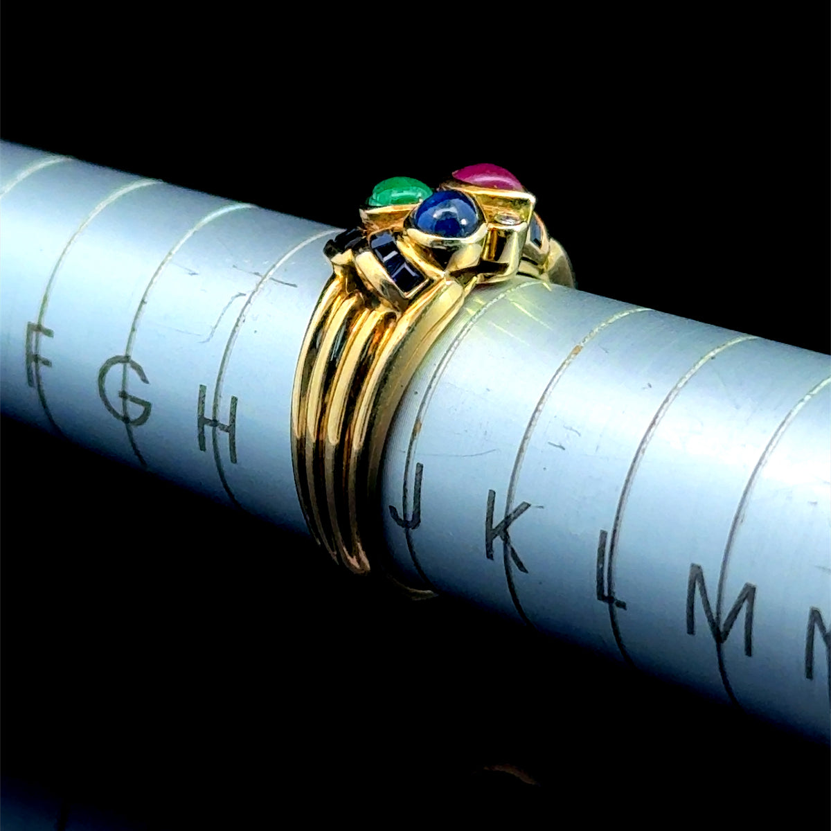 Fabulous 18K Yellow Gold Modern Cluster Ring Featuring: Emerald, Ruby, Sapphire & Diamonds