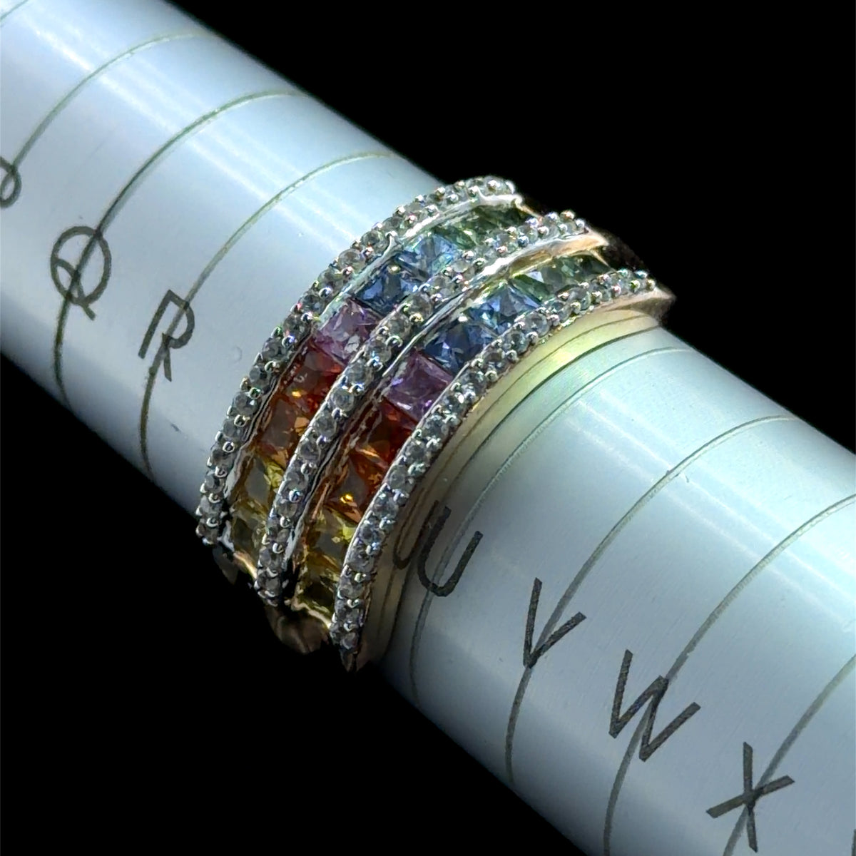 Stunning 9k Yellow Gold Double Row White & Multi-Colour Sapphire Ring