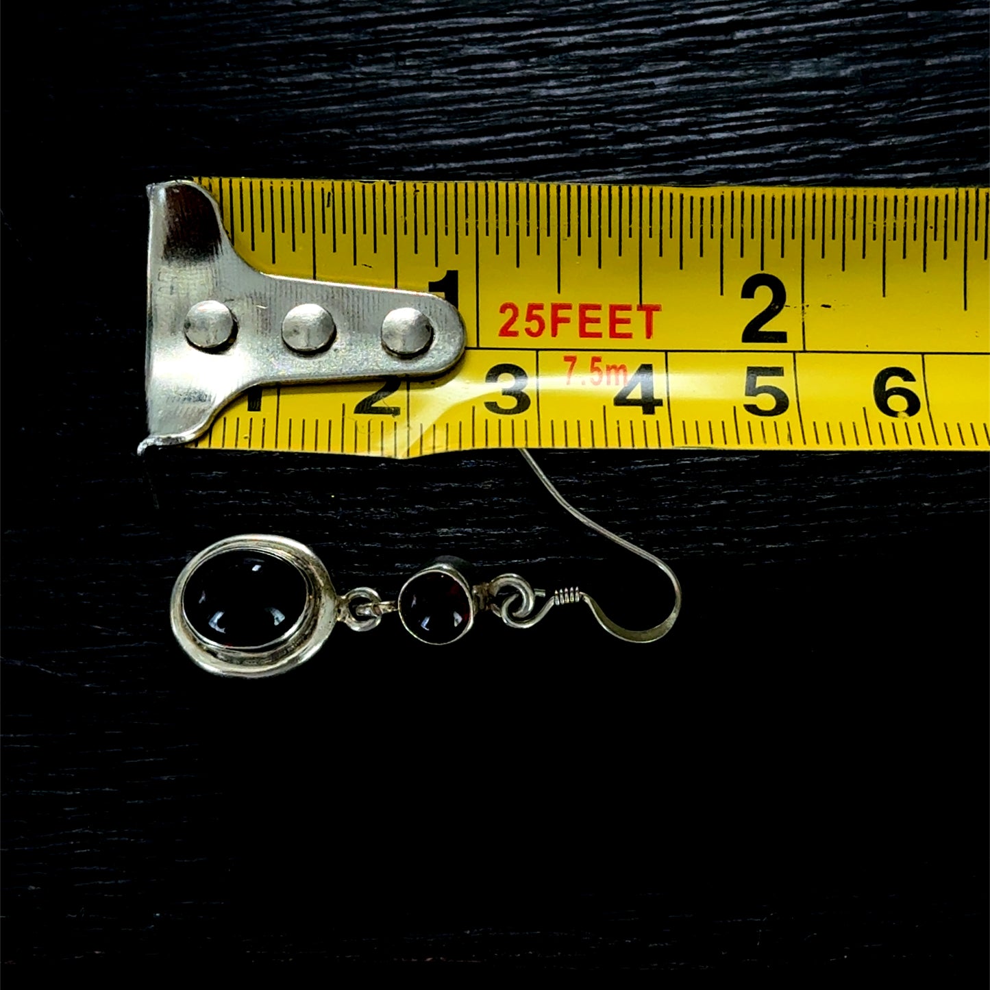 Silver Cabachon Garnet Drop Hook Earrings