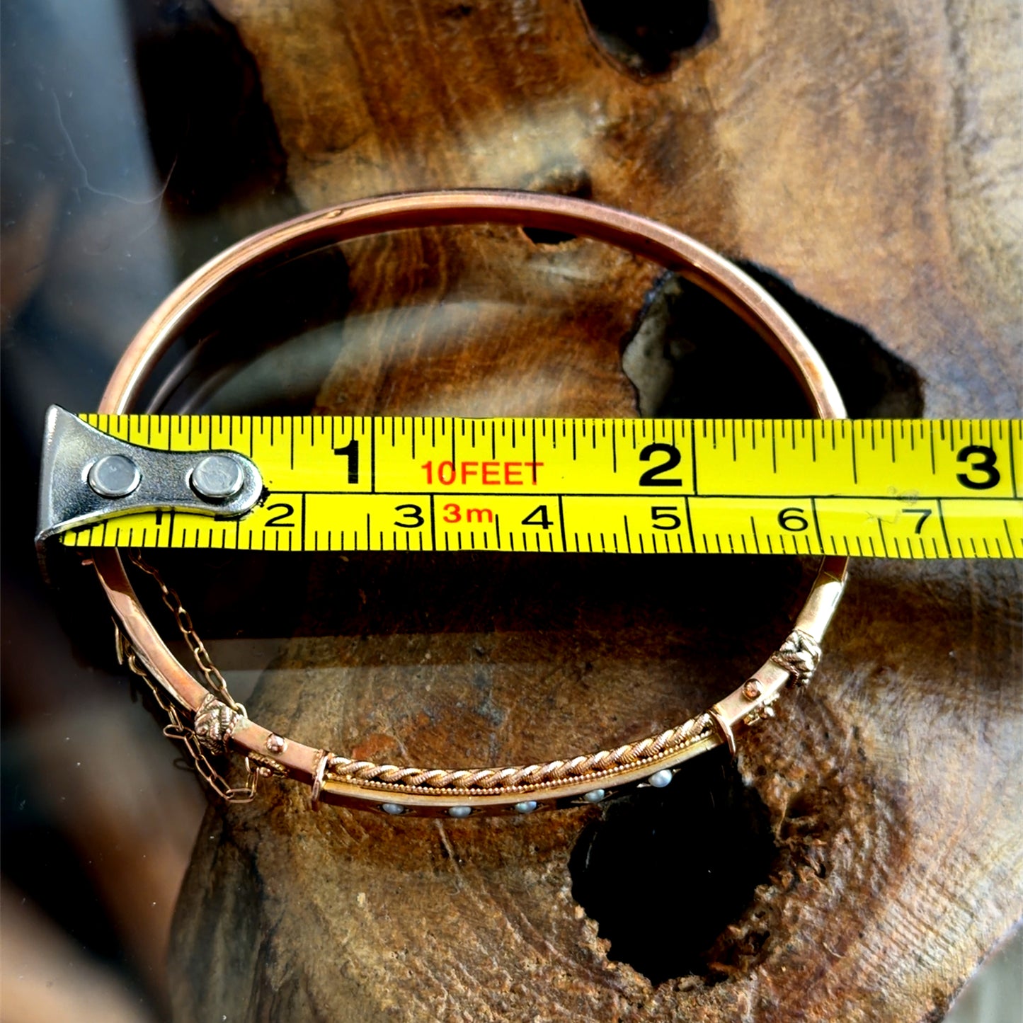 9k Rose Gold & Pearl Edwardian Bangle Rope Twist Design with Safety Chain