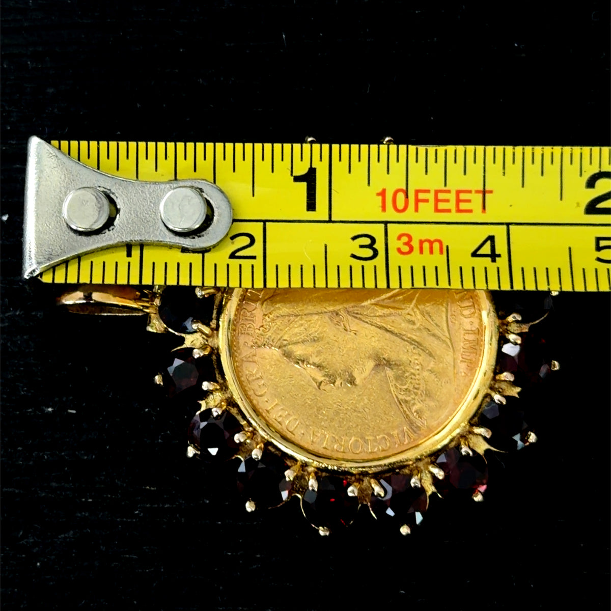 A Lovely Large Vintage 9k Yellow Gold & Garnet (0.8ct) Pendant Having A Melbourne Minted Victoria 22Ct Sovereign (Having General Circulation Marks).
