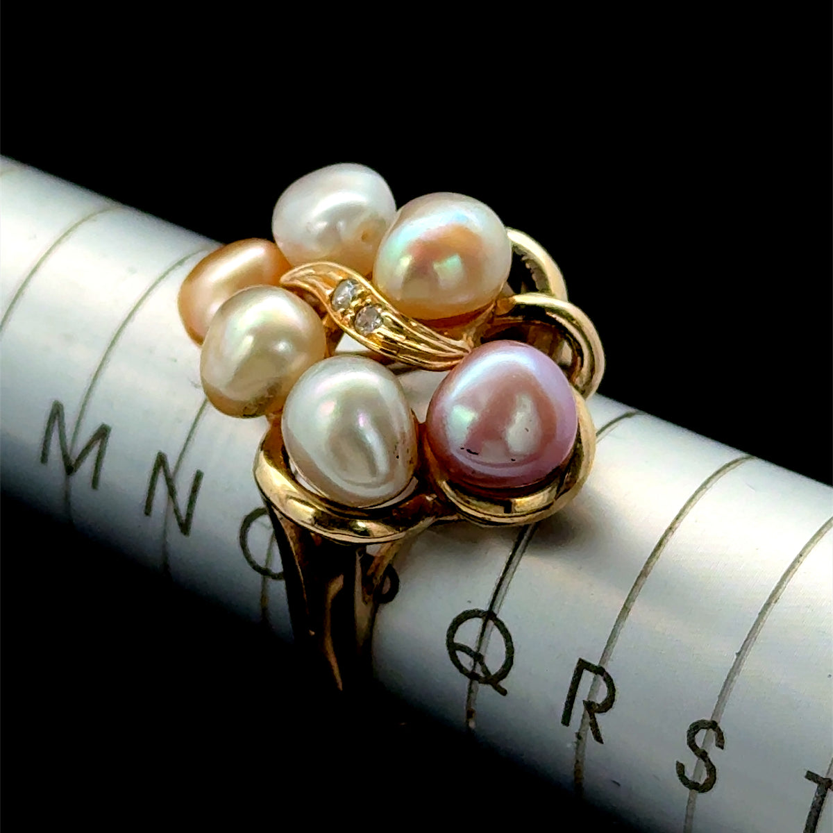 14K Yellow Gold Pink & White Pearl & Diamond Ring