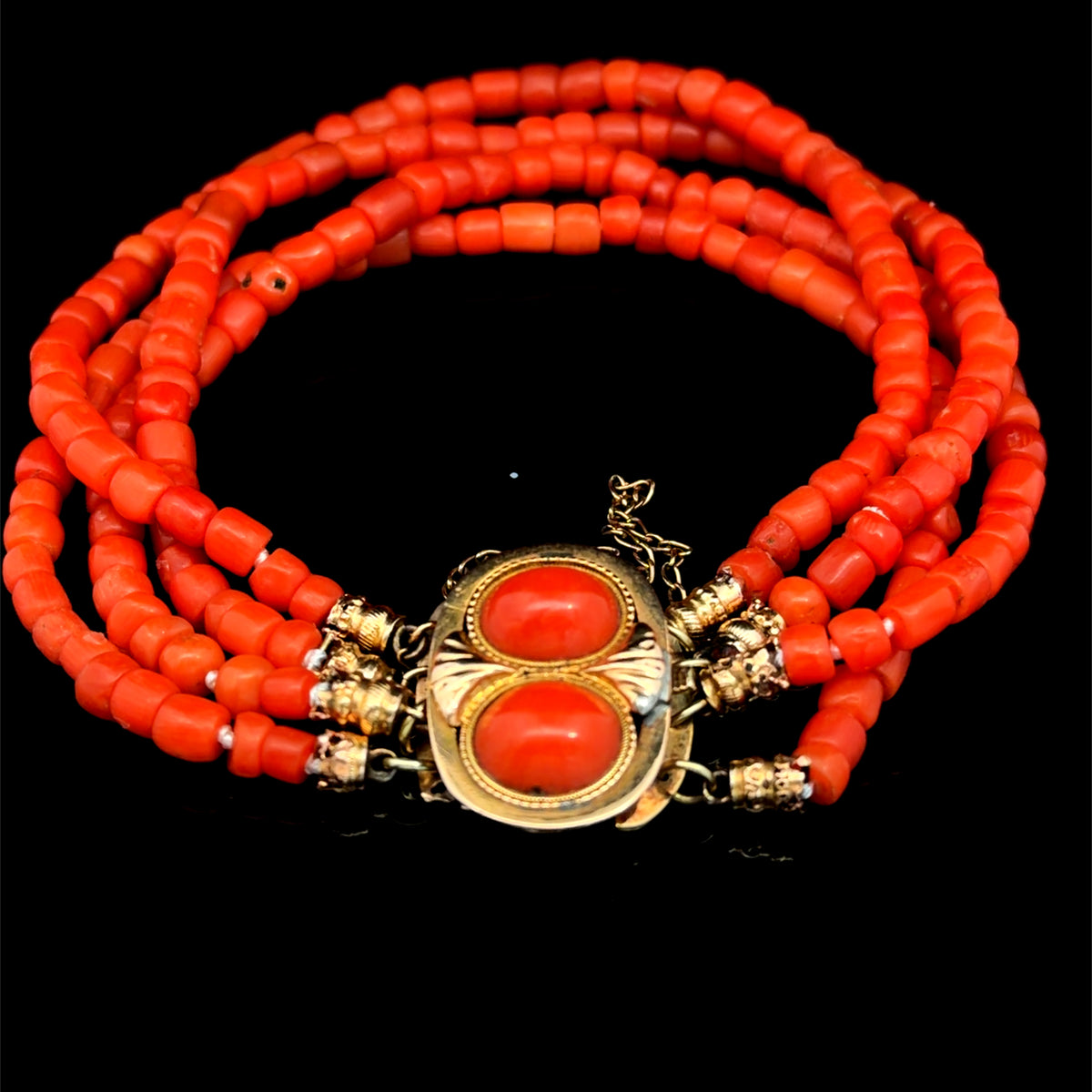 A Victorian 9k Rose Gold 4 Strand Coral Bracelet With Safety Chain To Clasp