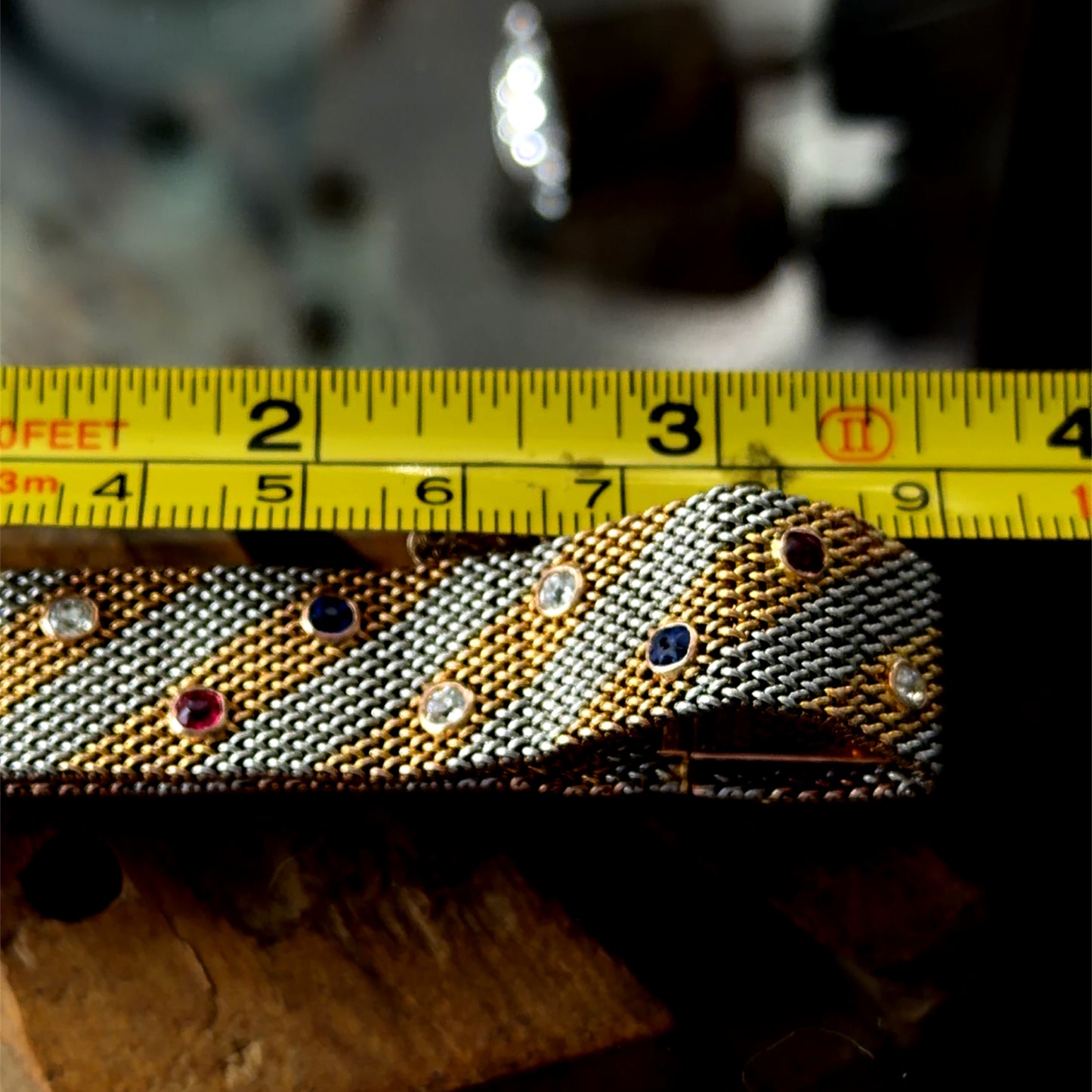 Fabulous 18k Two-Tone Yellow & White Gold Woven Mesh Ruby Diamond & Sapphire Bracelet D:1.2 R:0.6 S:0.6 CTS