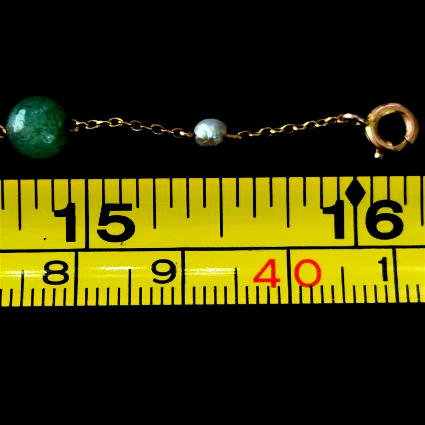 Gorgeous 9k Yellow Gold Aventurine & Pearl Station Necklace 16”