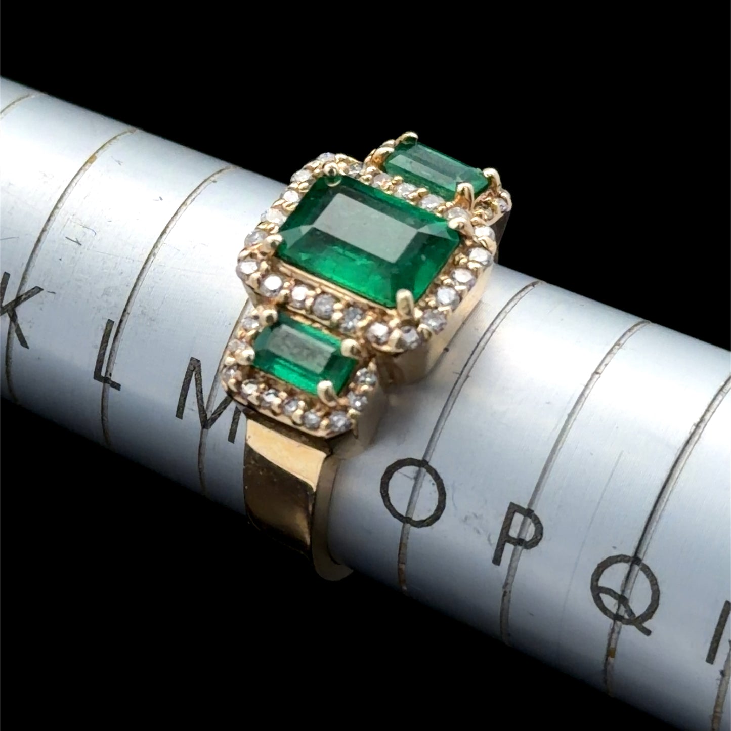 Stunning 14k Yellow Gold Emerald & Diamond Halo Trilogy Ring 2 Cts Emeralds