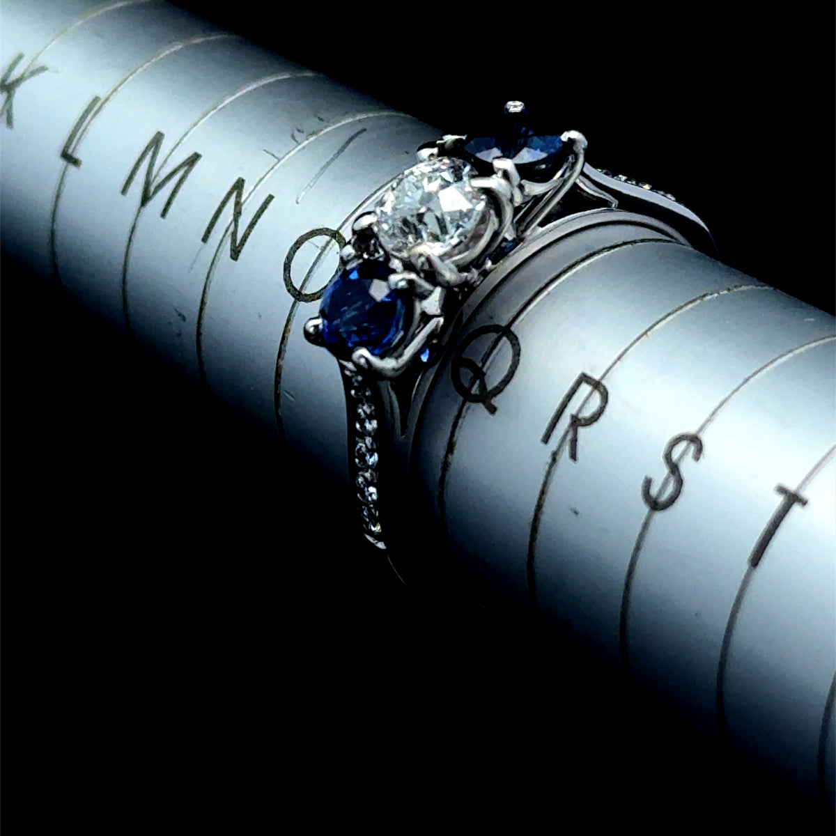 18K White Gold Sapphire & Diamond Trilogy Ring with Diamonds to Shoulders