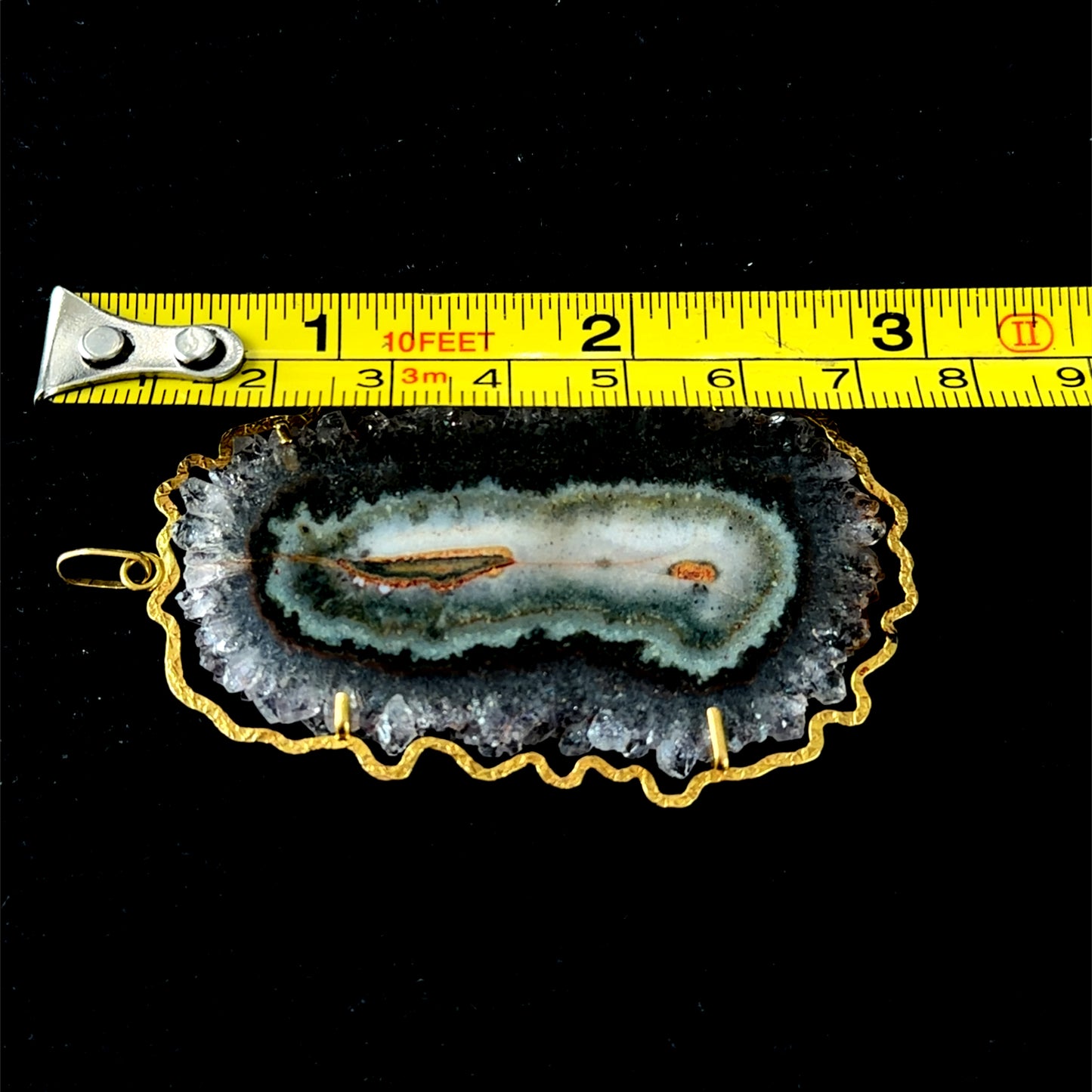 Stunning Large Agate Pendant In An 18k Yellow Gold Hand Made Hammered Edged Mount 3” Drop