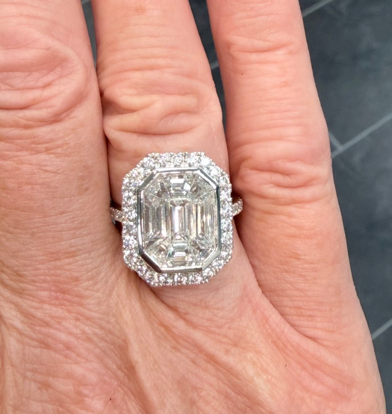 Platinum 2.5 Carat Baguette Diamond Halo Ring (Deposit)