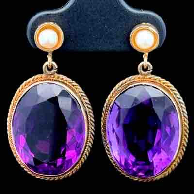 18K Yellow Gold Edwardian Pearl & Amethyst Drop Earrings