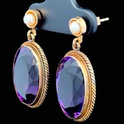 18K Yellow Gold Edwardian Pearl & Amethyst Drop Earrings
