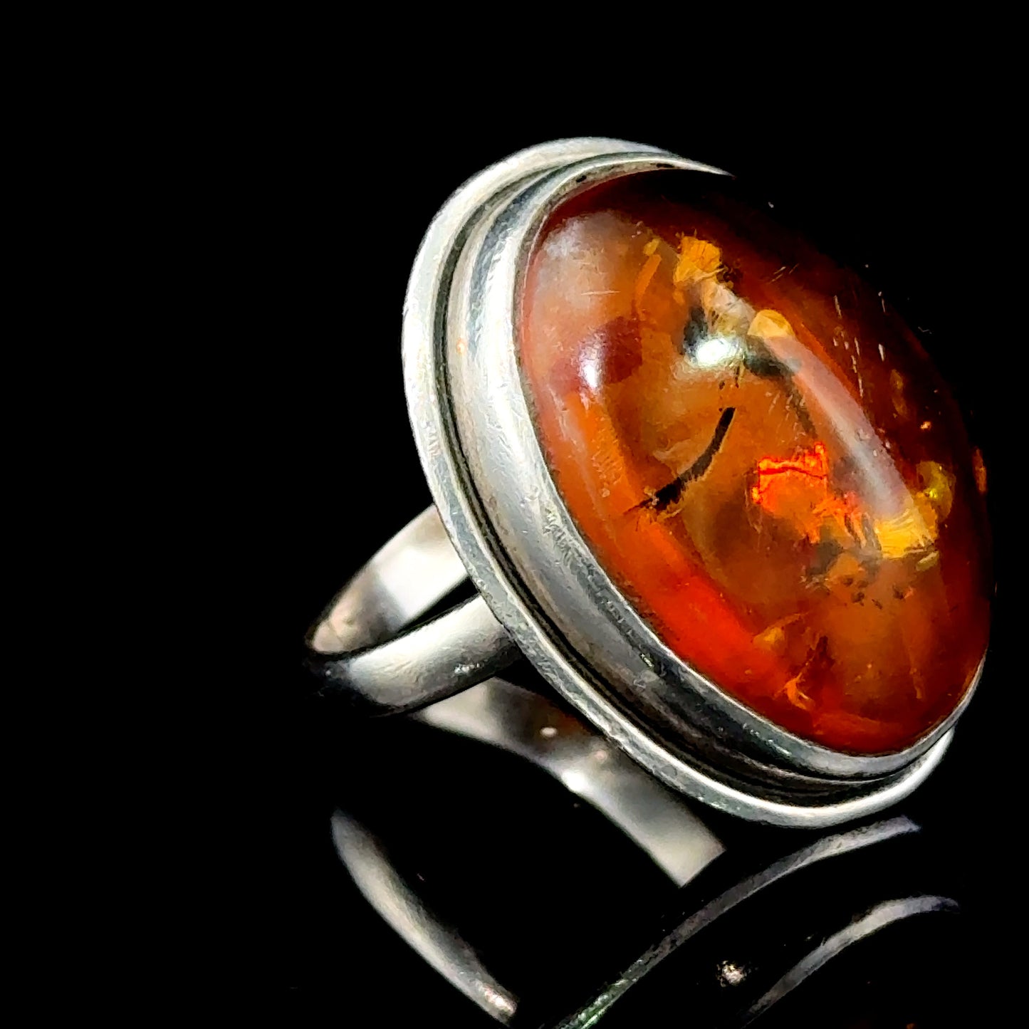 Silver Large Amber Ring