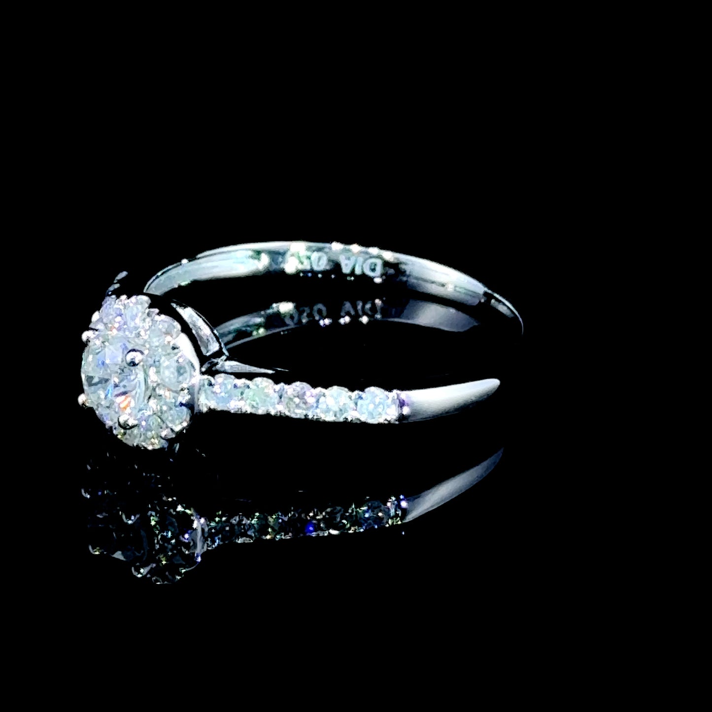 18K White Gold Diamond Halo Ring with Diamonds to Shoulders 0.5 CTS