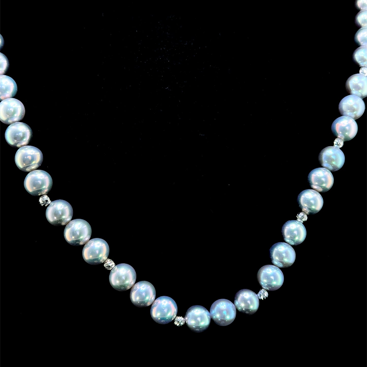 A Superb 9k White Gold Beaded Silver Pearl Necklace 18” Long