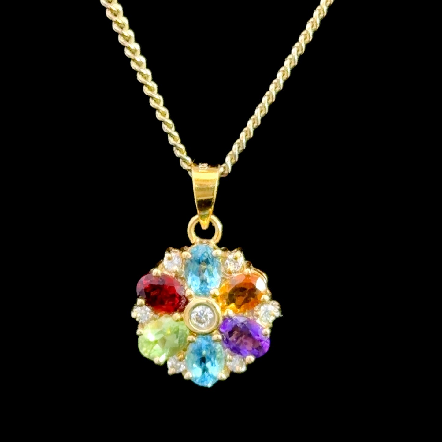 Pretty 18k Yellow Gold Multicolour Gemstone & Diamond Flower Pendant (Pendant Only)