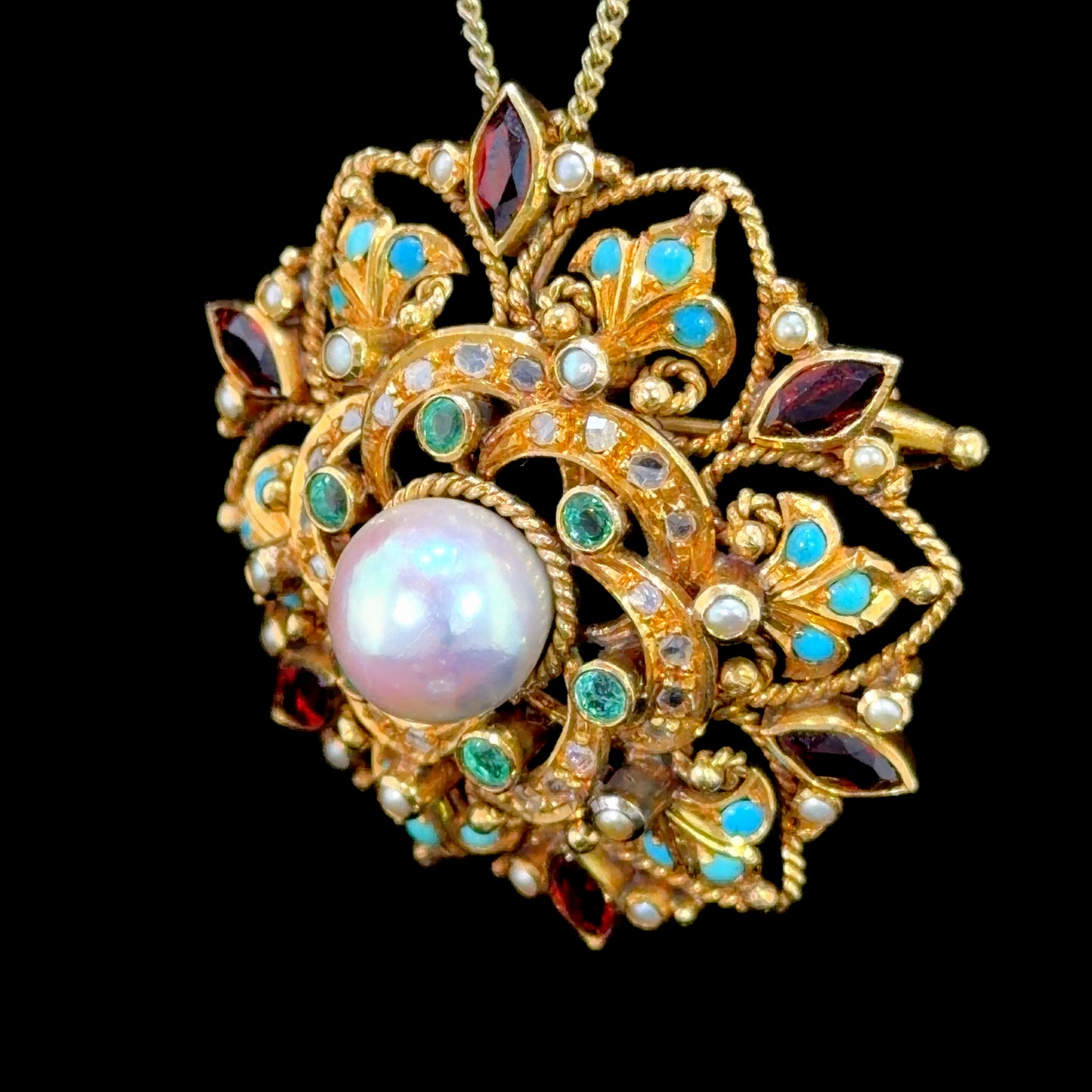 Absolutely Stunning Antique 18k Yellow Gold Pearl , Emerald,Diamond, Ruby. Brooch and Pendant