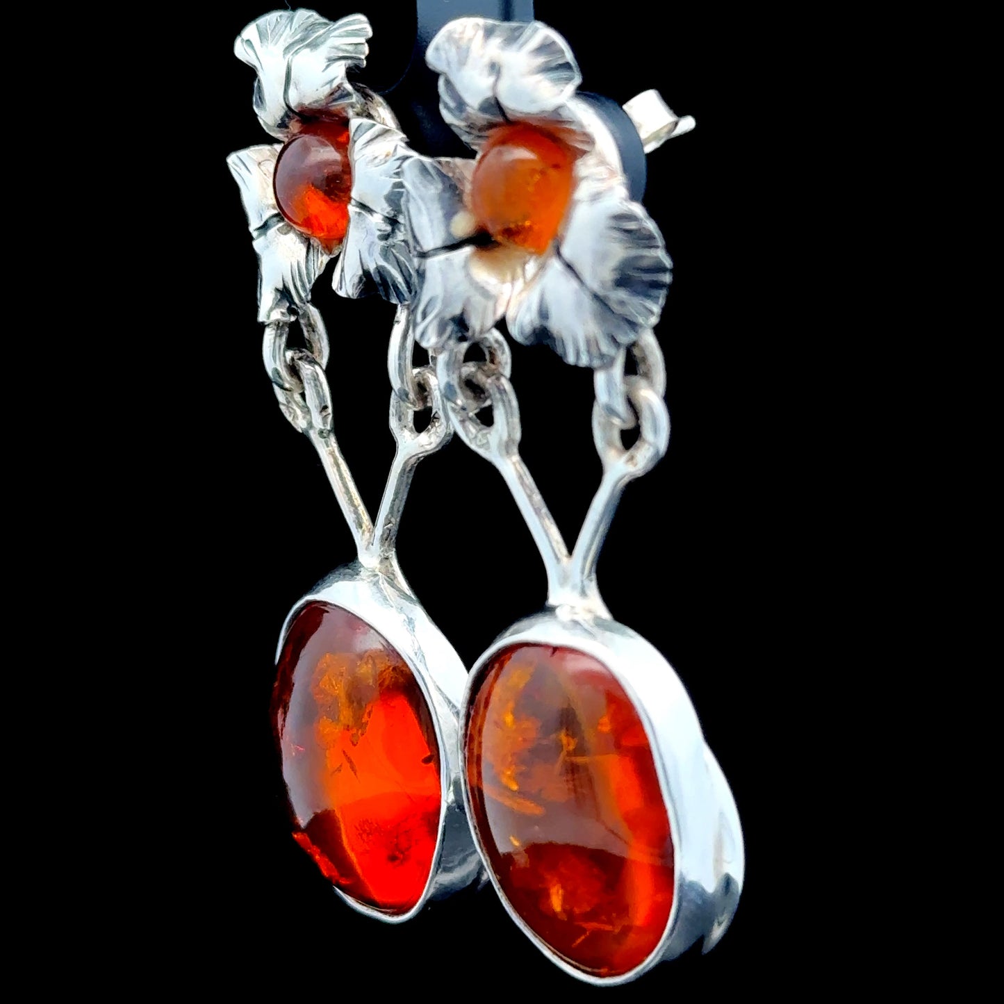 Silver Baltic Amber Flower Drop Earrings