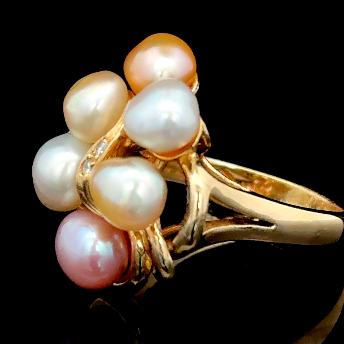 14K Yellow Gold Pink & White Pearl & Diamond Ring