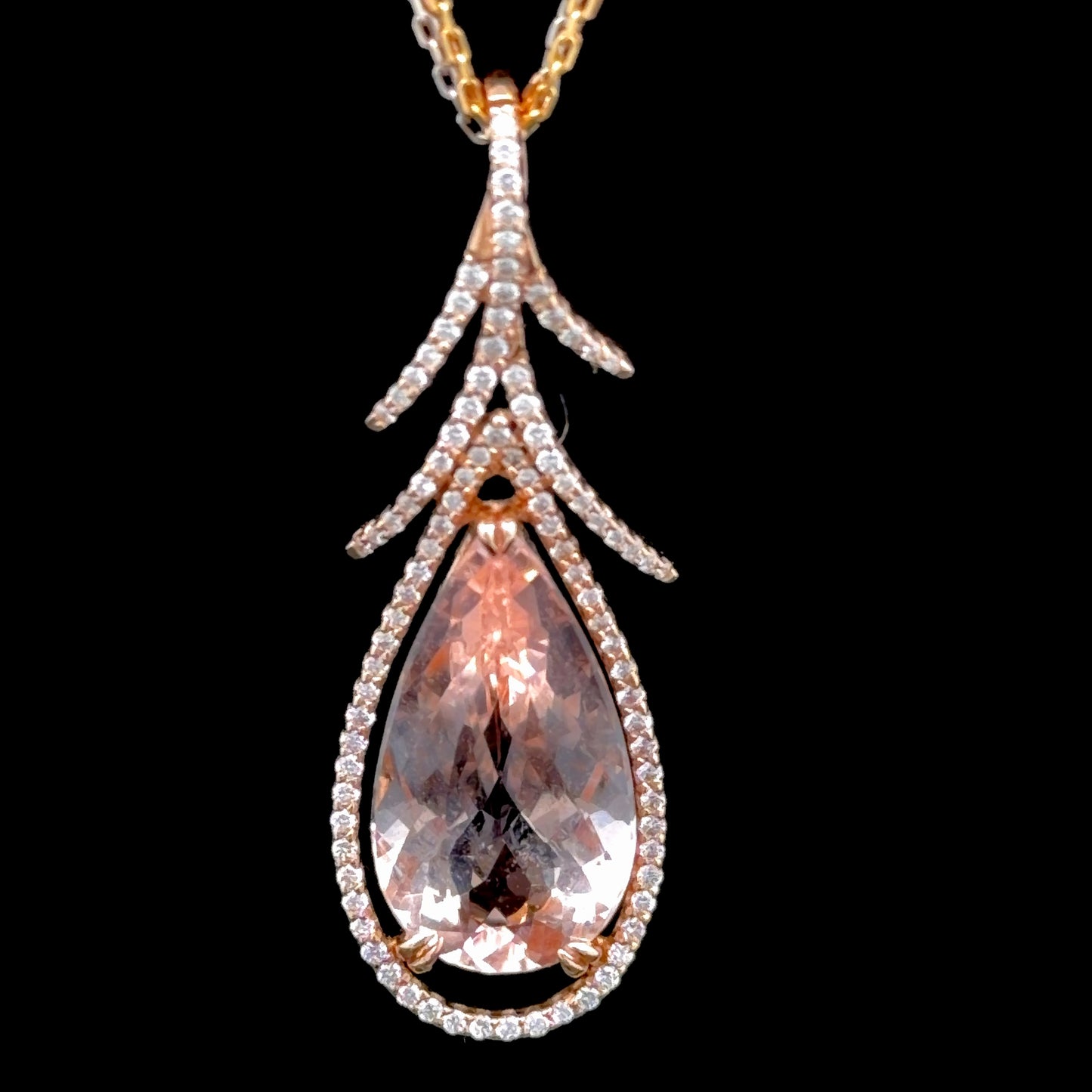 18k Yellow Gold Diamond Set Pear Morganite Pendant of 8.7 Cts including a Mixed Colour 18k White & Yellow Gold Chain