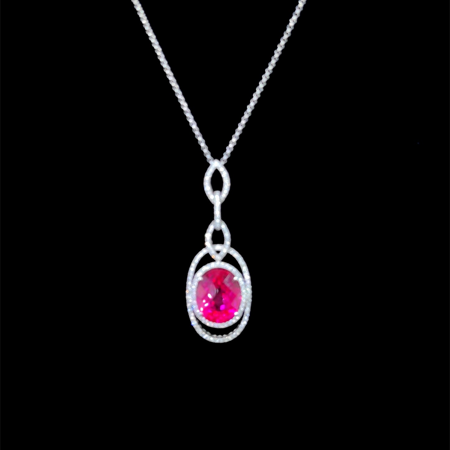 14K White Gold Pink Spinel  & Diamond Drop Pendant & Chain