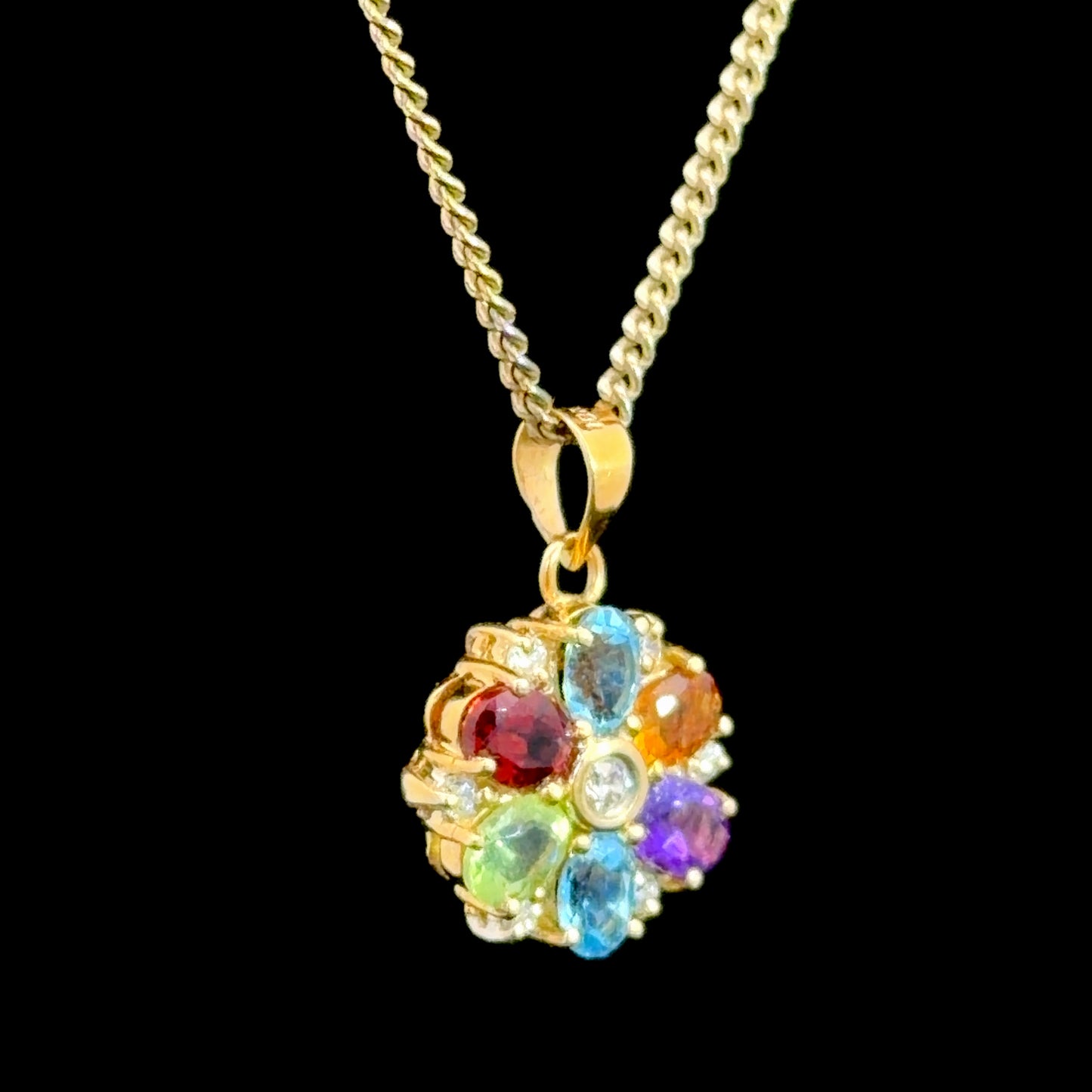 Pretty 18k Yellow Gold Multicolour Gemstone & Diamond Flower Pendant (Pendant Only)