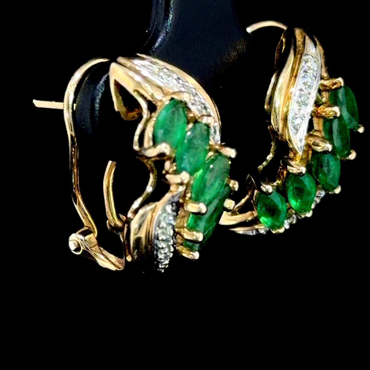 Stunning 9k Yellow Gold Emerald & Diamond Omega Clip Earrings