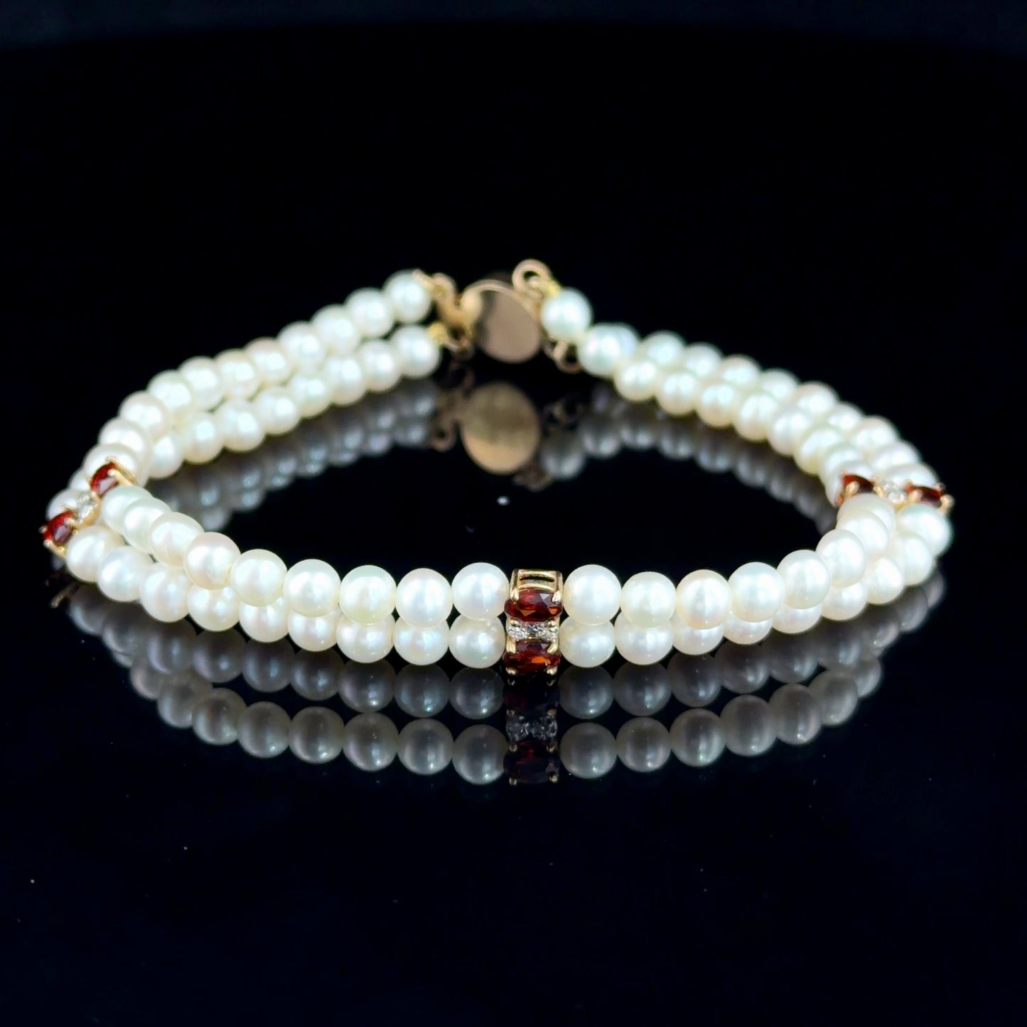 A Very Pretty Double Row Pearl Bracelet Having 14k Yellow Gold Garnet & Diamond Accents & 14k Gold Clasp Part Of The Ronald Charles Collection