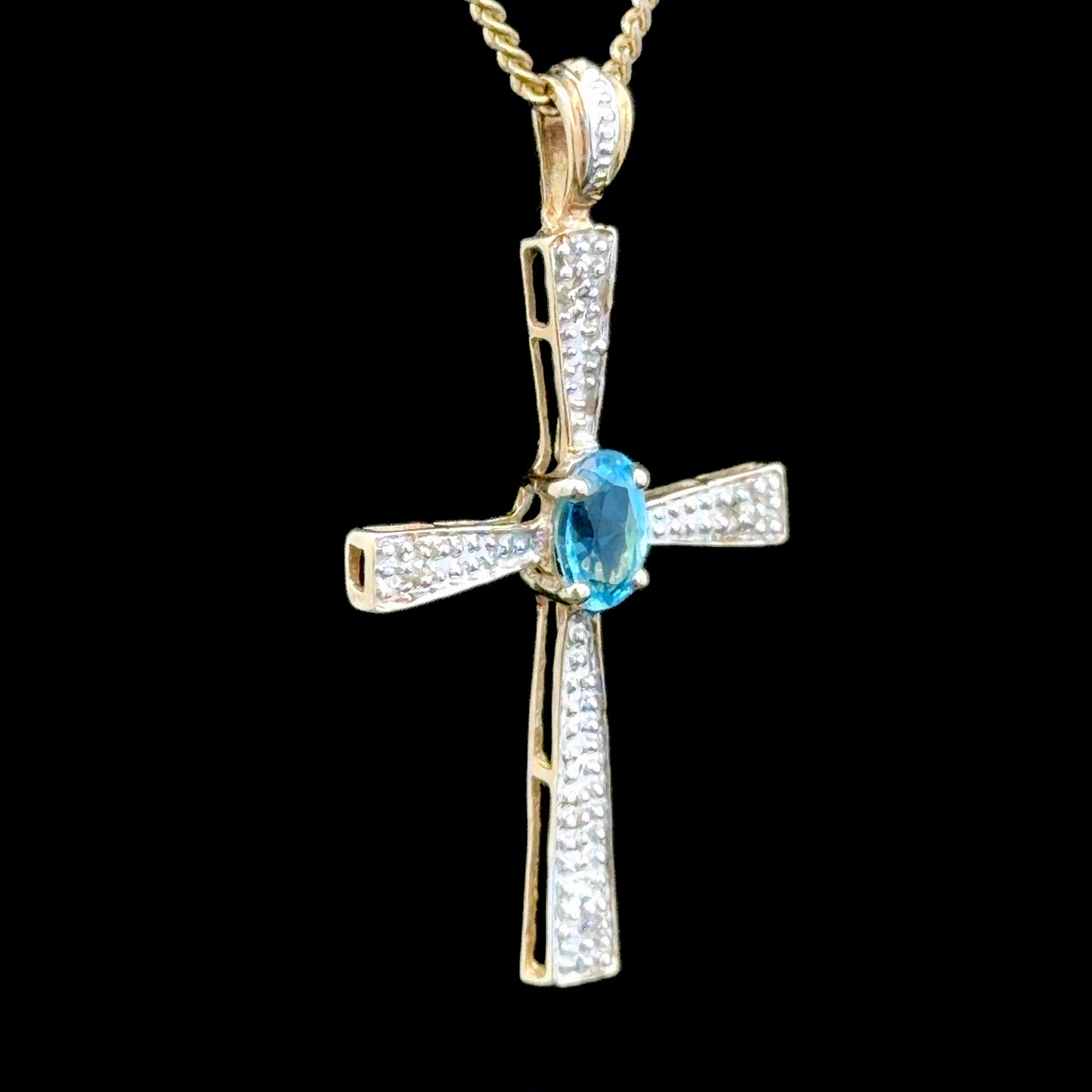 9k Oval Blue Topaz and Pave Diamond Yellow Gold Cross Pendant