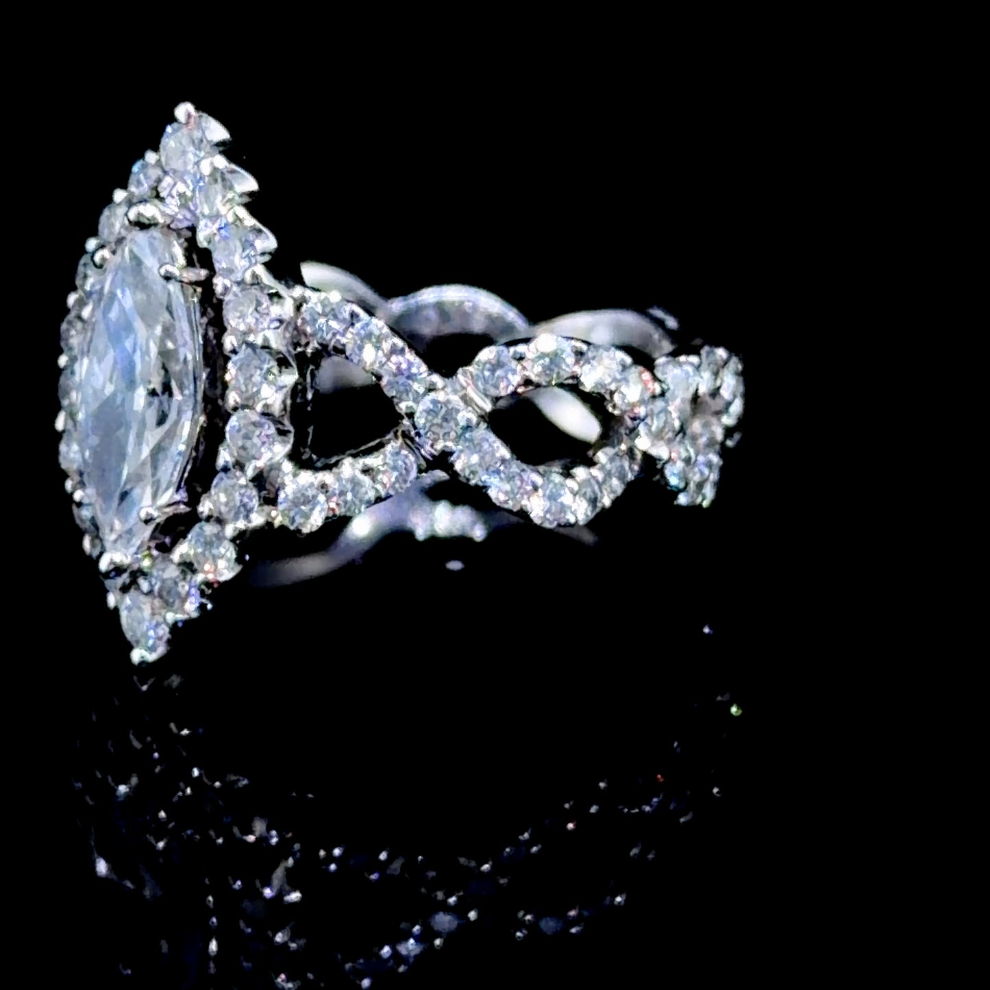18k White Gold Marquise Diamond Halo Ring With Twisted Shank. 1.01 Cts D VS1