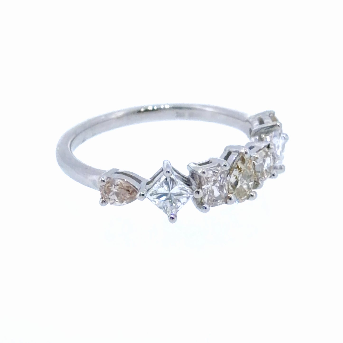 Platinum 7 Stone Diamond Ring Pink Yellow & White Pear, Emerald & Princess Cut stones Appx 1.2Cts