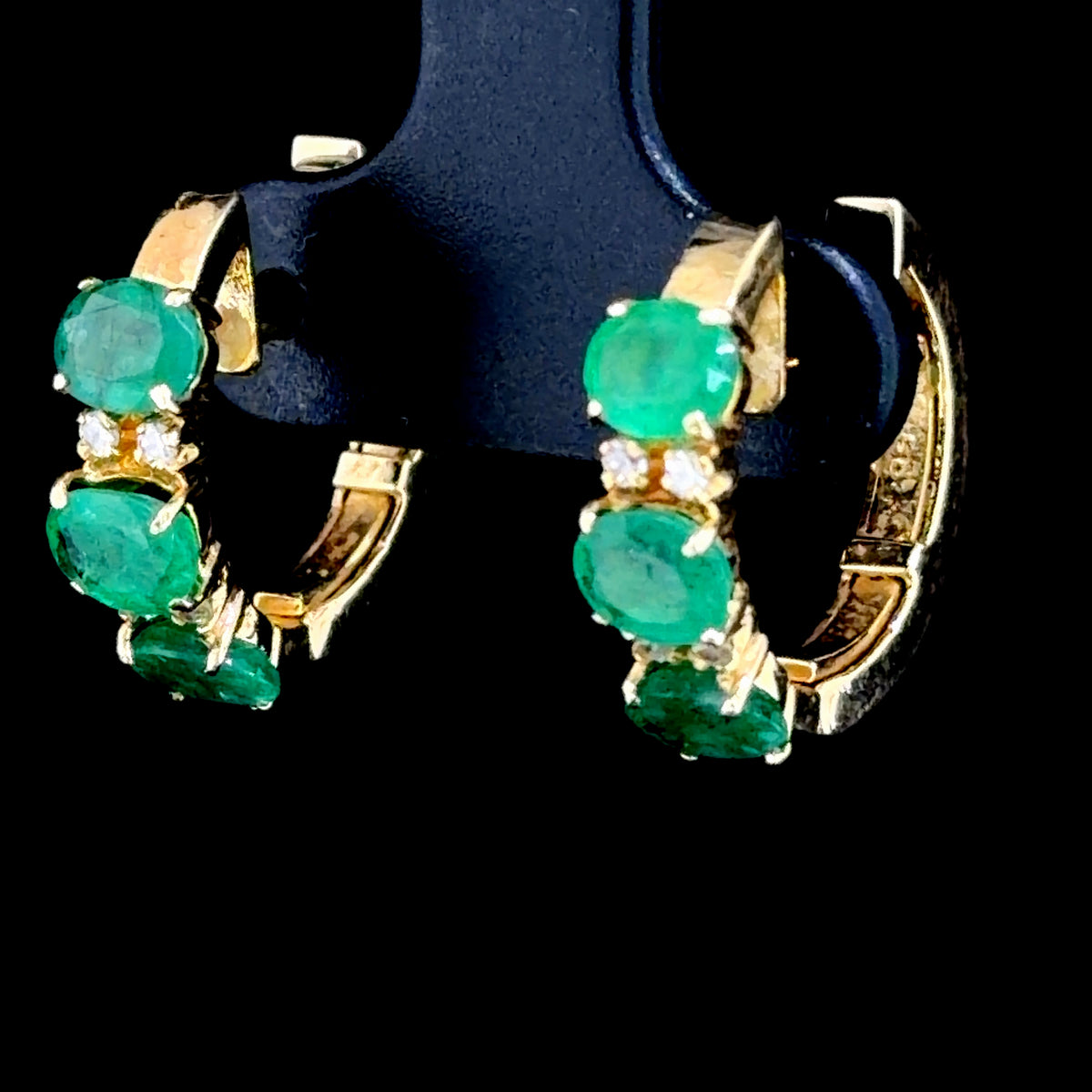 Stunning 14k Yellow Gold Emerald & Diamond hoop Earrings